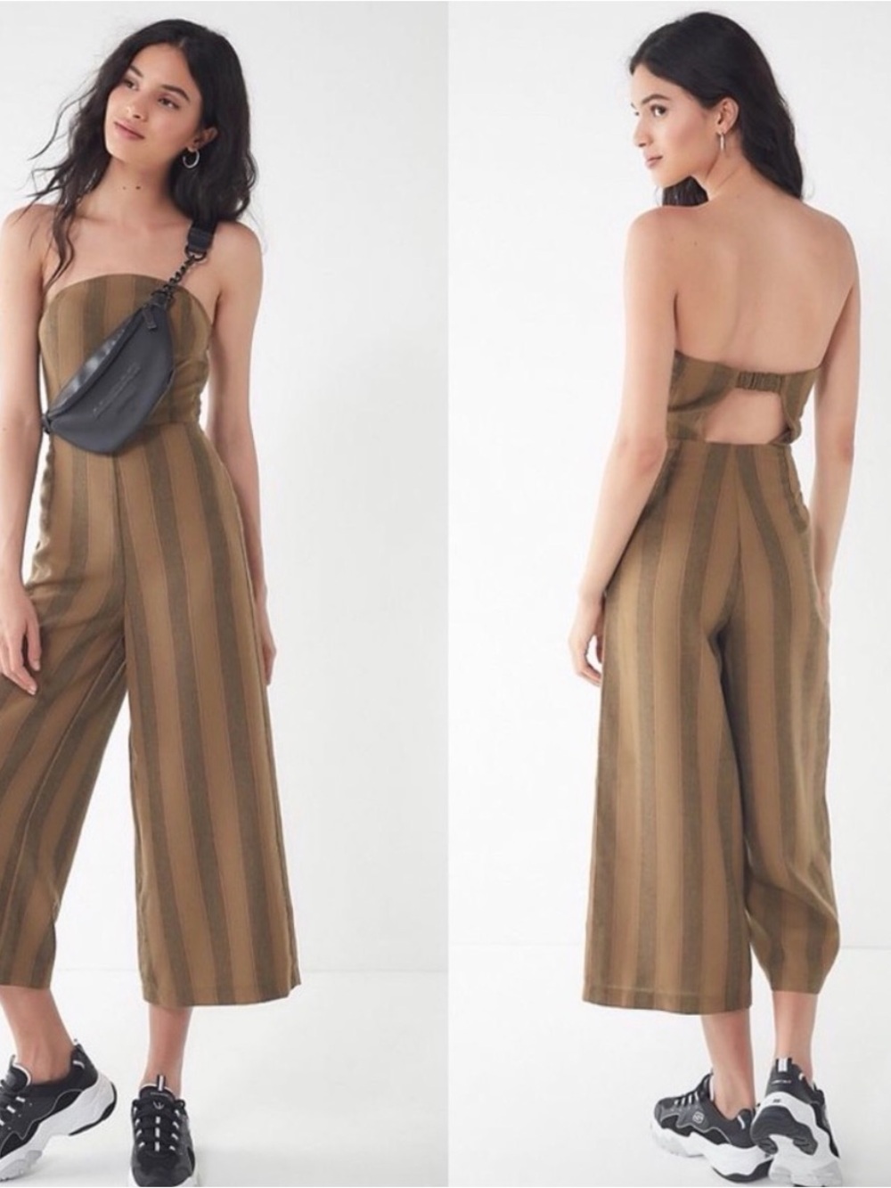 Urban Outfitters Brown Stripe Strapless Wide-Leg Jumpsuit Sz S